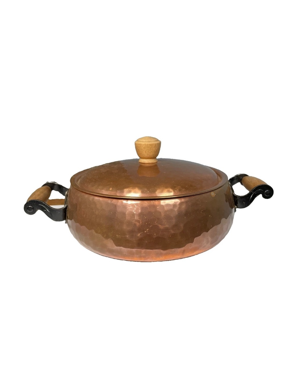 Vintage STOCKLI NETSTAL Hammered Copper Casserole Pot with Lid Wood Handles